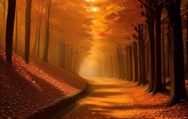 A golden autumn forest path — fiction
